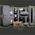 Futuristic Mechanical Device With Gray Body Green Screen Yellow Control Panel Red Wires And Wheels