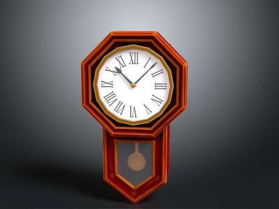Vintage Octagonal Red Wooden Wall Clock With Roman Numerals Dial And Pendulum 3d model
