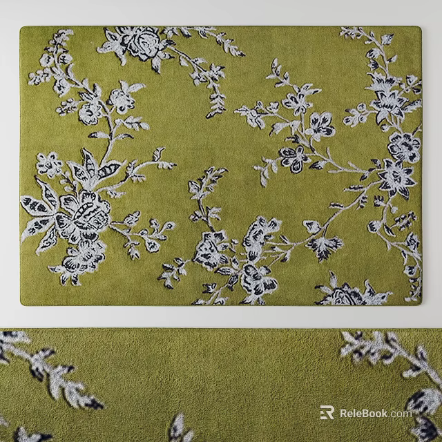 Square Rug With Green Background And White Floral Pattern Design 3d model 