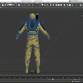 Game Movie Character In Yellow Protective Suit With Gas Mask And Backpack Gear
