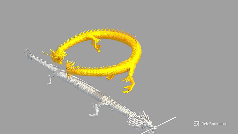 Golden and White Flying Dragons with Coiled Circling Form and Detailed Scales 3d model 