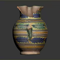 Ceramic Clay Jug With Broken Rim And Colorful Striped Decorative Patterns