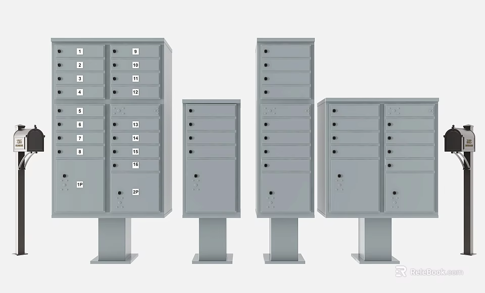 Public Facilities Gray Mailboxes With Various Sizes Multiple Numbered Compartments And Keyholes 3d model