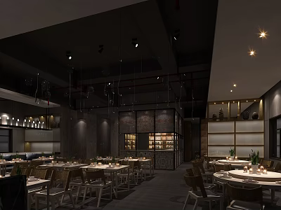 Modern Industrial Restaurant Interior With Wooden Tables Hanging Lamps And Decorative Shelves 3d model