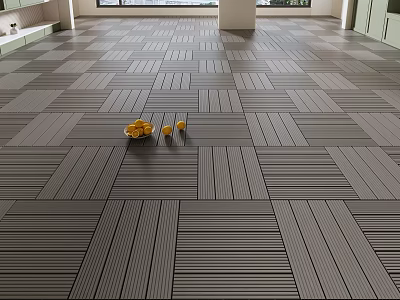 Gray Patterned Wooden Floor with Yellow Fruit Basket and Small Cups 3d model