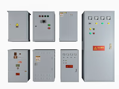Assorted Electrical Control Cabinets With Control Panels Buttons Indicator Lights And Warning Labels 3d model