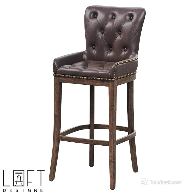 Classic Leather Tufted Bar Stool With Brass Nails And Wooden Legs 3d model 