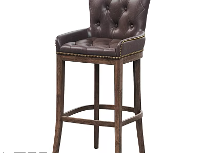 Classic Leather Tufted Bar Stool With Brass Nails And Wooden Legs 3d model