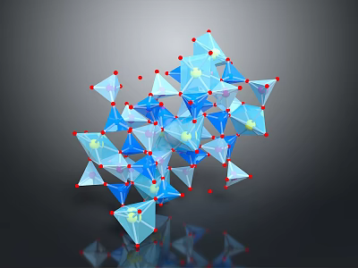 3D Geometric Composition Of Blue White Polyhedrons With Red Connecting Nodes 3d model