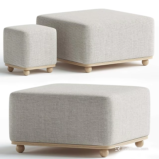 Light Gray Fabric Ottoman Set With Wooden Legs Modern Two Sizes Home Decor 3d model 