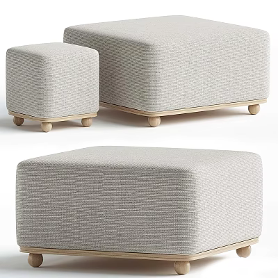 Light Gray Fabric Ottoman Set With Wooden Legs Modern Two Sizes Home Decor 3d model