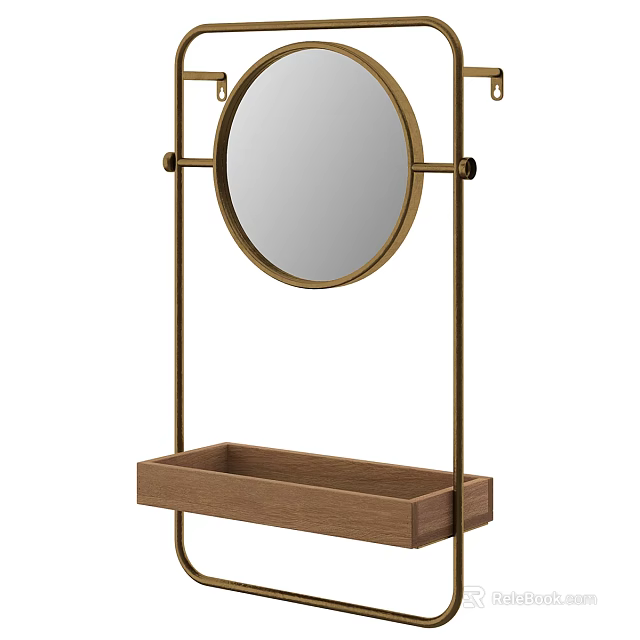 Round Brass Frame Mirror With Wooden Shelf And Hanging Hooks 3d model 