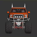 Orange Monster Truck With Large Tires And White Pointed Objects On Roof