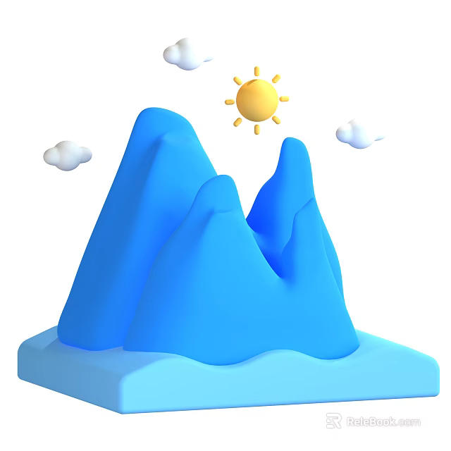Scenic Garden Landscape with Blue Mountains Yellow Sun and White Clouds 3d model 