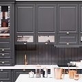 Modern Dark Gray Kitchen Cabinets With Central Island And Copper Accessories 3d model