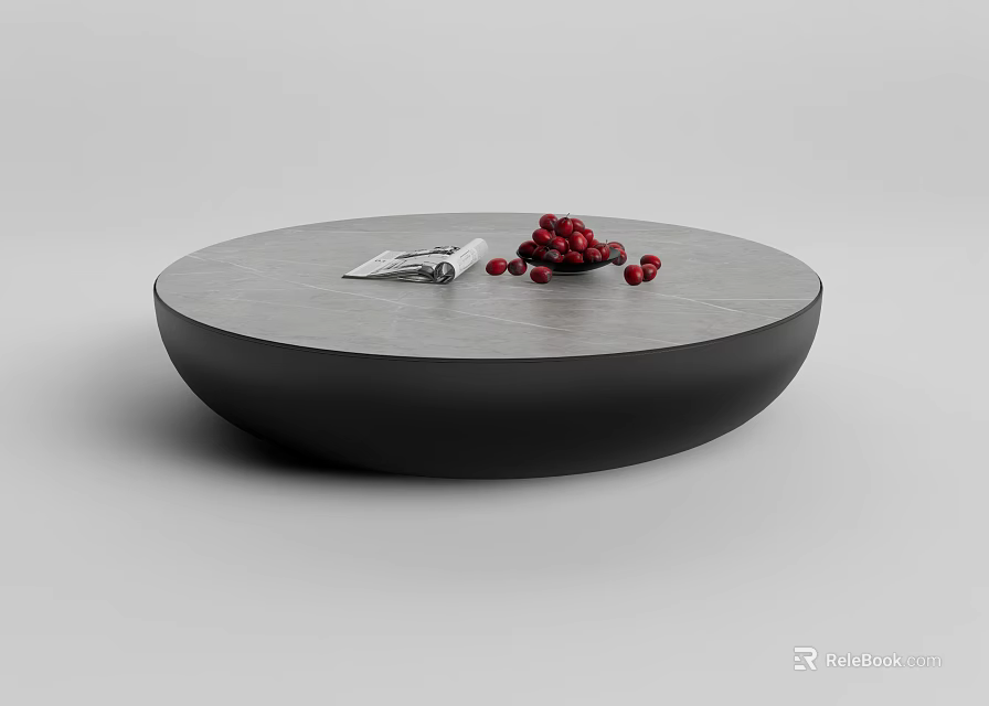 Modern Round Coffee Table with Gray Top Black Base and Red Berries on Surface 3d model