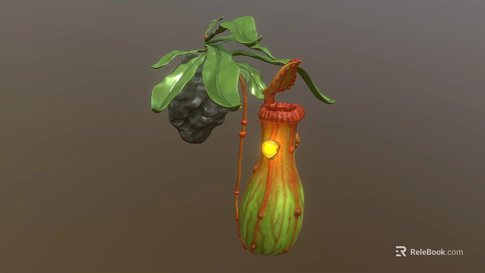 3D Model of Pitcher Plant With Green Leaves Red Striped Pitcher And Yellow Light 3d model 