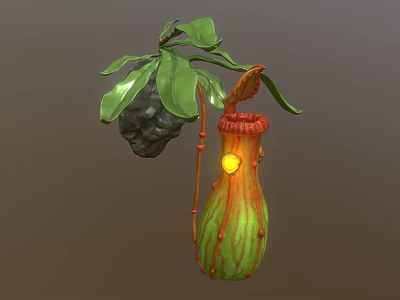 3D Model of Pitcher Plant With Green Leaves Red Striped Pitcher And Yellow Light 3d model