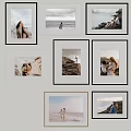 Photo Wall with Multiple Frames Various Landscape and People Photos on White Wall Creative Arrangement