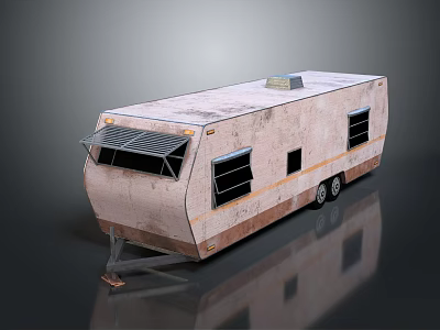 Old Weathered Trailer With Rusty Exterior Metal Windows Roof Vent And Towing Hitch 3d model