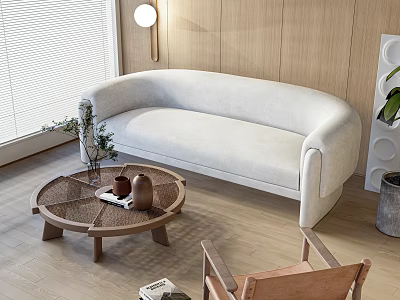 Curved White Sofa and Round Wooden Coffee Table Set with Wooden Wall and Floor Lamp 3d model