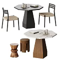 Modern Octagonal Marble Dining Table Set With Upholstered Backrest Chairs And Wooden Stools 3d model