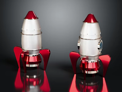 Red and Silver Metallic Rocket Dolls on Black Background with Reflection 3d model