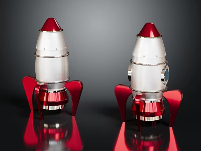 Red and Silver Metallic Rocket Dolls on Black Background with Reflection 3d model Red and Silver Metallic Rocket Dolls on Black Background with Reflection 3d model