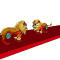Traditional Lion Themed Decorative Ornaments Set With Golden Red Blue Floral Patterns