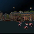 Traditional Commercial Street At Night With Illuminated Architecture Water Floating Lotus Lanterns Sky Lanterns