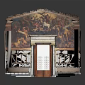 European Architectural Interior with Intricate Mural Ceiling Marble Columns Green Seats and Wooden Podium