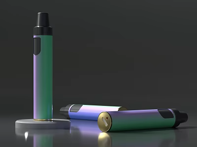Three Electronic Cigarettes With Gradient Purple Green And Golden Base Standing Lying On Gray Background 3d model