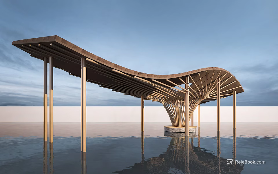 Serene Modern Pavilion With Curved Wooden Roof Columns And Water Reflection 3d model 