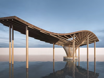 Serene Modern Pavilion With Curved Wooden Roof Columns And Water Reflection 3d model