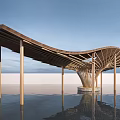 Serene Modern Pavilion With Curved Wooden Roof Columns And Water Reflection