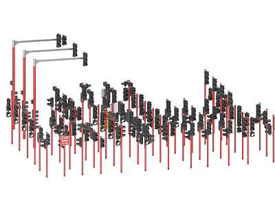 Various Types Of Road Traffic Signs On Red Poles Arranged Along Roadside 3d model