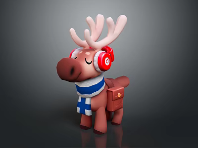 Cute Cartoon Reindeer Character Wearing Red Headphones Blue And White Striped Scarf With Brown Bag 3d model