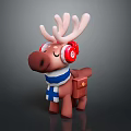 Cute Cartoon Reindeer Character Wearing Red Headphones Blue And White Striped Scarf With Brown Bag