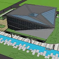 Modern Museum Building With Geometric Roof Water Pool Green Lawn And Pedestrian Walkway