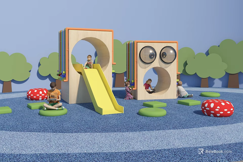 Kids Playground Featuring Wooden Play Structure Slide Round Openings Mushroom Seats And Trees 3d model 