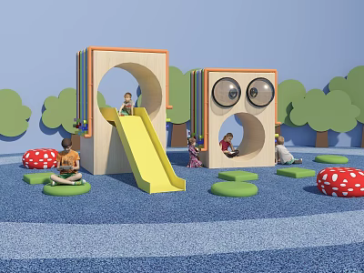 Kids Playground Featuring Wooden Play Structure Slide Round Openings Mushroom Seats And Trees 3d model