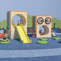 Kids Playground Featuring Wooden Play Structure Slide Round Openings Mushroom Seats And Trees