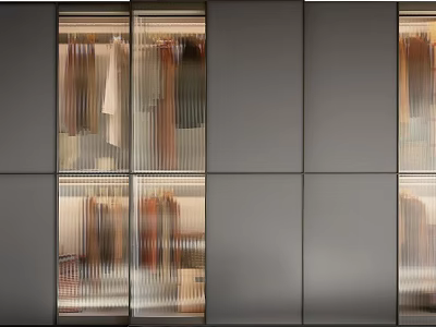 Modern Bedroom Interior Design With Built in Glass Door Wardrobe And Hanging Clothes 3d model