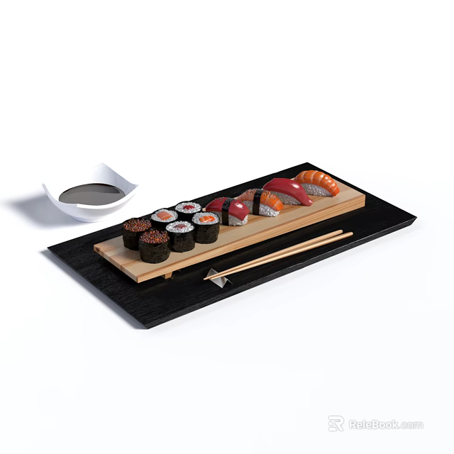 Assorted Sushi Platter with Maki Nigiri Wooden Plate Soy Sauce and Chopsticks 3d model 