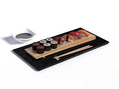 Assorted Sushi Platter with Maki Nigiri Wooden Plate Soy Sauce and Chopsticks 3d model