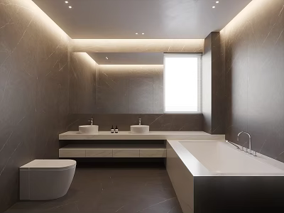 Modern Bathroom Interior With Gray Walls Double Vanity Sinks White Bathtub Toilet And Window 3d model
