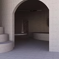 Modern Architectural Building Featuring Unique Curved Design Light Exterior Arched Openings And Lawn Area