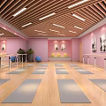 Yoga Fitness Studio With Pink Walls Wooden Floors Yoga Mats And Ballet Barres