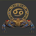 Blue And Gold Decorative Crab Figurine With Red Gemstones And Gold Circular Gemini Symbol