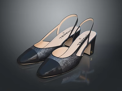 Chanel Black Slingback Heels With Shiny Material And Elegant Block Heel Design 3d model